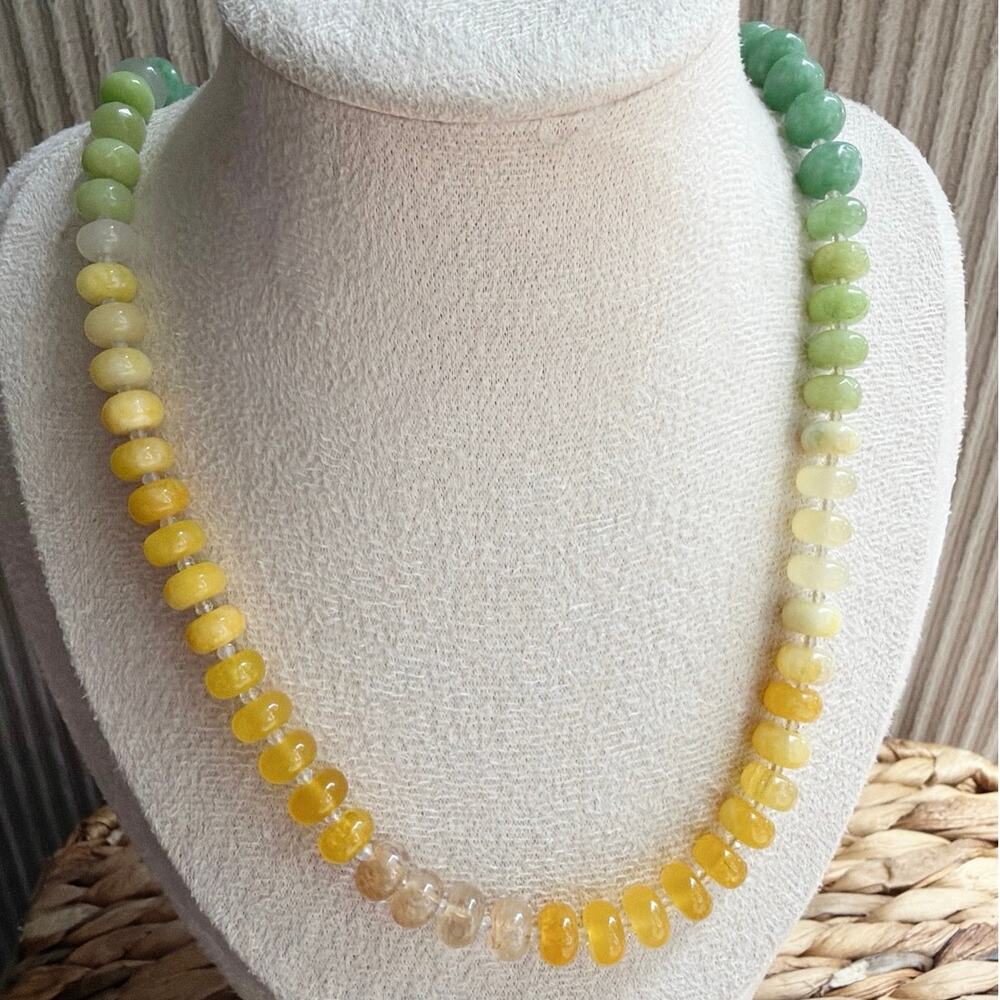 20" Beaded Gemstone Necklace, Quartz, Moonstone, Citrine, Green to Yellow Ombre